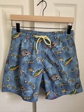 Psycho Tuna Lures Blue Swim Shorts, Pockets, Unlined, Beach, Pool, Men's Medium